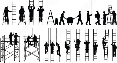 Silhouettes of construction workers using ladders, scaffolds, and tools, illustrating elevated labor, safety gear, and diverse site maintenance activities