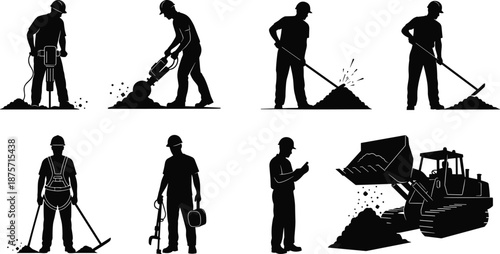 Silhouettes of construction workers performing diverse tasks with tools and machinery, showcasing site labor roles, equipment usage, and occupational activity variety