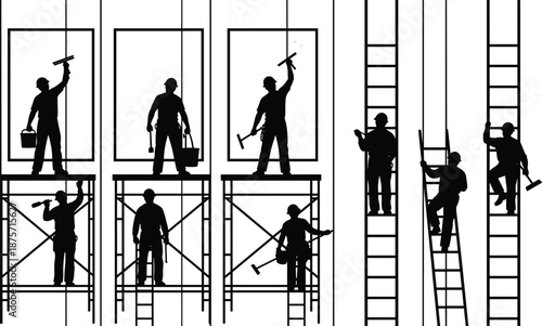 Silhouettes of building maintenance workers on scaffolding and ladders performing cleaning and repair tasks, illustrating teamwork, safety, and urban facade labor diversity