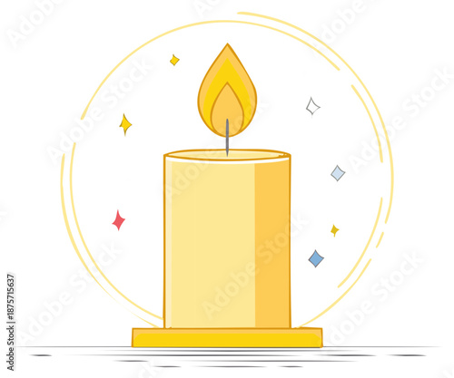 Stylized cartoon candle with bright, burning flame emitting light and warmth, surrounded by sparkling accents