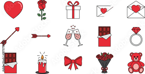 Red Valentine's Day Symbols Including Heart Shapes, Roses, Gifts, and Chocolate envelope arrow