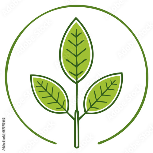 Stylized green plant icon with three leaves and a central stem enclosed in a clean round organic design