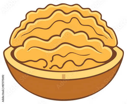 Healthy shelled walnut with exposed kernel inside a cracked brown half shell