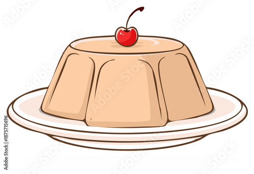 Creamy Caramel Pudding Flan with Bright Red Cherry Topping Illustration