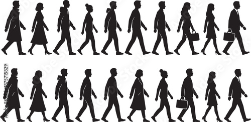 Set of diverse pedestrian silhouettes featuring families with children holding hands business people walking and commuters using mobile phones isolated on white background vector