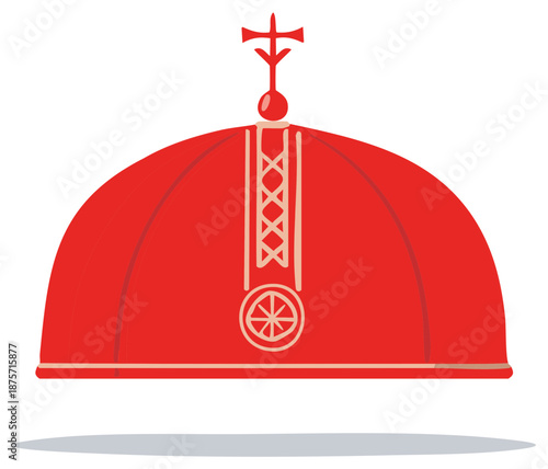 Vector illustration of a traditional red Christian ceremonial headwear with a cross