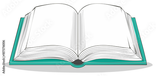 Open blank book with teal cover and gray pages on white.