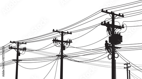 Black silhouette of power lines and utility poles featuring electrical workers on ladders performing maintenance and repair isolated on white background industrial vector illustration