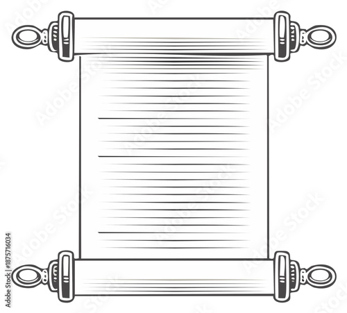 Blank ancient scroll manuscript with ornamental handles vintage line art illustration for historical document