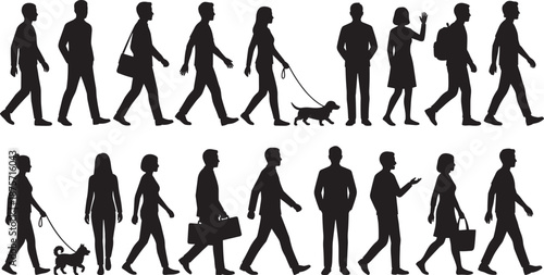 Set of pedestrian silhouettes featuring diverse people walking standing waving and walking dogs with various bags and accessories isolated on white background vector illustration