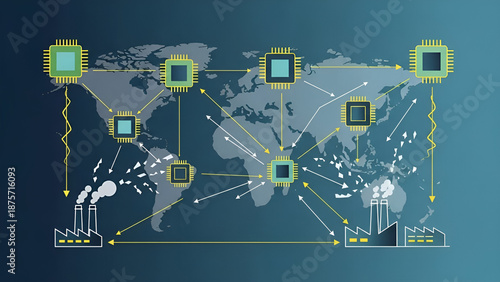 Global chips demonstrate movement impacting factories in conceptual trade illustration displaying interconnected supply chain.