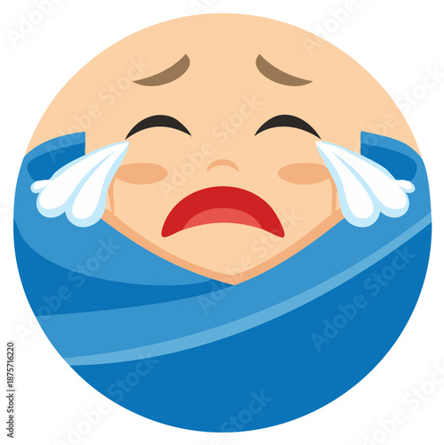 Crying baby face emoji wrapped in blue blanket with tears flowing down cheeks