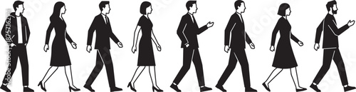 Set of diverse pedestrian silhouettes featuring families with children holding hands business people walking and commuters using mobile phones isolated on white background vector