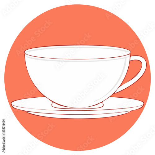 Simple line art illustration of a white teacup and saucer on a round coral colored background