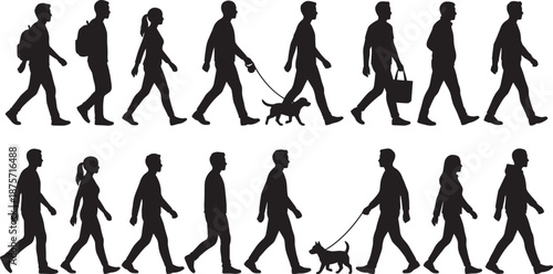 Set of pedestrian silhouettes featuring diverse people walking standing waving and walking dogs with various bags and accessories isolated on white background vector illustration