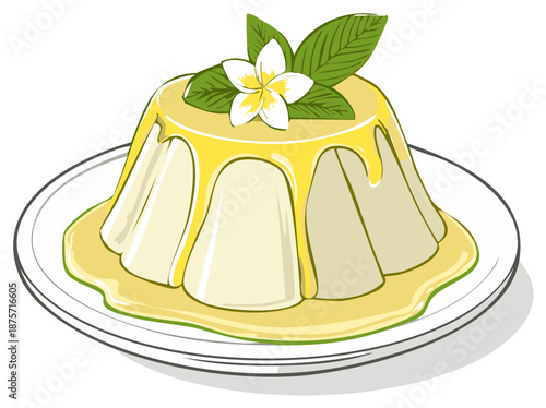 Delicious panna cotta dessert with sweet syrup and beautiful tropical flower design