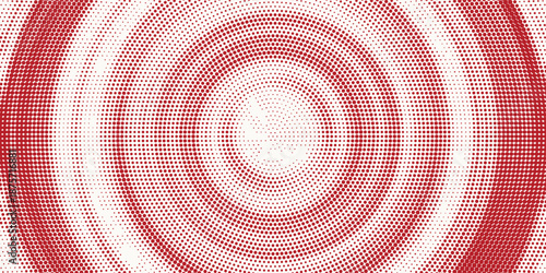 Red halftone concentric circle background. Rippled sonic wave ring wallpaper. Dotted radial gradient texture. Vector rasterized rough backdrop for epicenter, target, radar signal, vibration concept