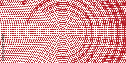 Red halftone concentric circle background. Rippled sonic wave ring wallpaper. Dotted radial gradient texture. Vector rasterized rough backdrop for epicenter, target, radar signal, vibration concept