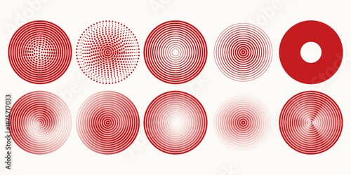 Red concentric ripple circles set. Sonar or sound wave rings collection. Epicentre, target, radar icon concept. Radial signal or vibration elements. Halftone vector illustration