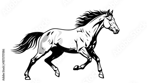 Running Horse in Black White Illustration.