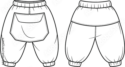 Baby harem pants technical flat sketch front back view kids apparel design template vector illustration fashion clothing artwork