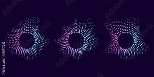 Sound equalizer icons with lines, gradient neon circular sound wave frames, abstract radial music icons.