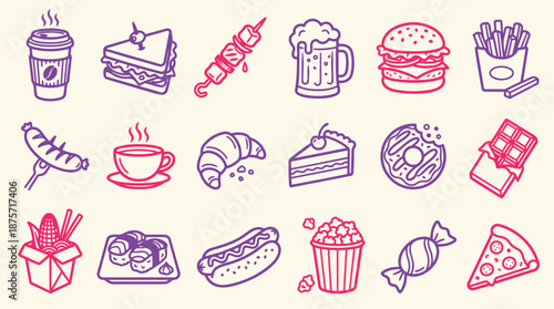Flat line art food icon set top view close up with coffee, burger, sushi, pizza, donut, croissant on cream colorful background