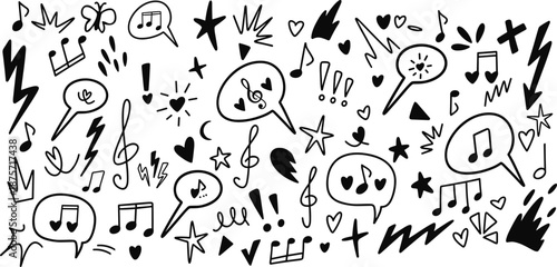 Emotive doodles and musical notes in a playful chaotic arrangement