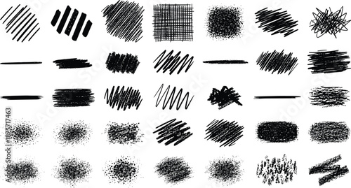 Collection of various black brush strokes and patterns on white background