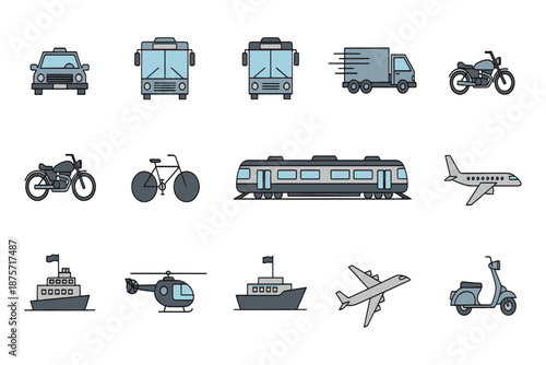 Flat transport and vehicle icon set including car, bicycle, motorcycle, train, airplane, ship, truck and bus for logistics, travel, delivery and transportation infographic design