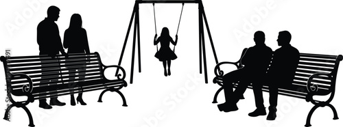 Silhouettes of people sitting on benches and a child swinging in a park setting