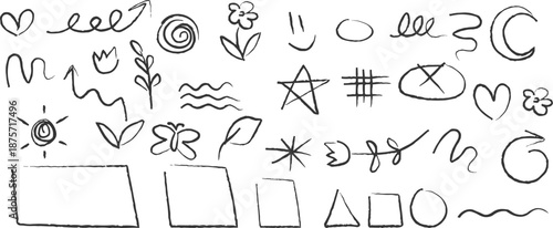 Hand drawn doodles and shapes on a white background