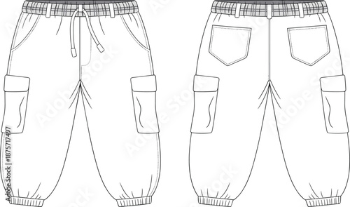 Men cargo jogger pants technical flat sketch front back view apparel design template vector illustration fashion clothing manufacturing artwork