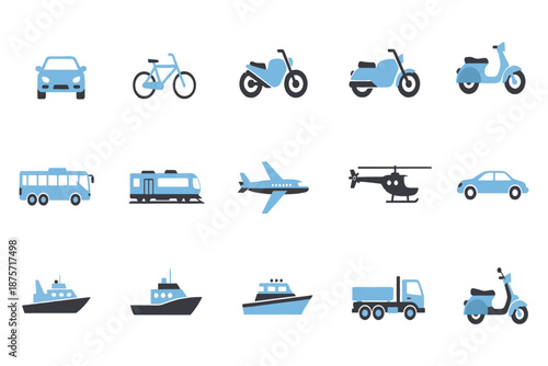 Colorful transportation icon set showing car, bus, train, airplane, ship, bicycle and scooter for travel, logistics, navigation apps, delivery services and smart mobility interface design