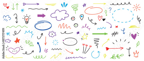 Cute hand drawn colorful design elements. Doodle set with sketch lines, marks and decorations. Good for planners, notebooks, stickers, kids projects and creative designs.