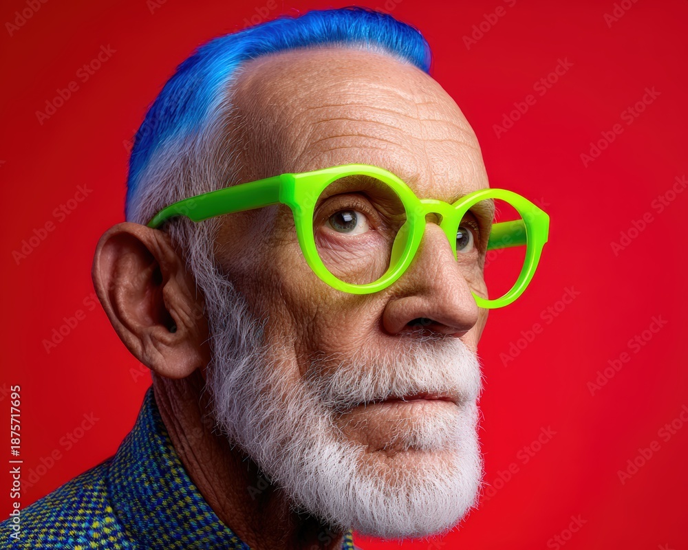 Fototapeta premium Stylish Senior Man with Vibrant Blue Hair and Neon Green Glasses