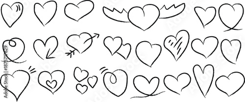 Collection of hand drawn hearts in various styles and sizes