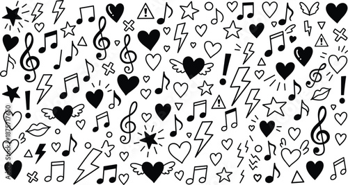 Black and white illustration of music notes and hearts on white background