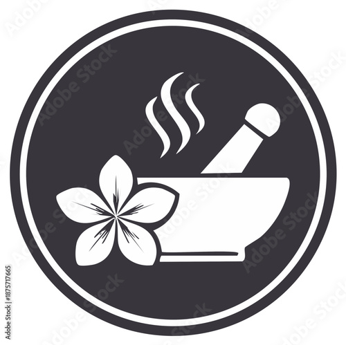 Herbal remedy preparation with mortar and pestle, flower and steam symbol