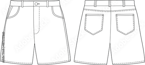 Men denim shorts technical flat sketch front back view apparel design template vector illustration fashion clothing manufacturing artwork
