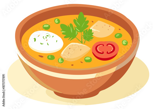 Vibrant illustration of a hearty and flavorful vegetable soup with peas, potatoes, tomato, and fresh parsley