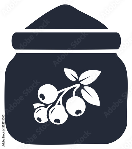 Vector icon of a jam jar with a blueberry branch label. Simple silhouette graphic for homemade preserves.