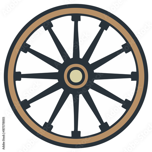 Vintage Wheel Illustration with Spokes and Wooden Rim Design, Rustic Transportation Graphic Element, Cart Wheel, Isolated on White