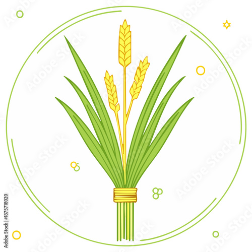 Simple line art icon of a rice plant sheaf with golden grains inside a decorative circle frame