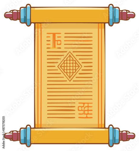 Ancient paper scroll illustration with mysterious text decorative rollers and symbolic design