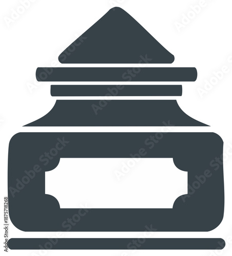 Dark gray minimalist inkwell jar icon with a decorative lid and blank label ideal for vintage stationery and writing supplies illustration
