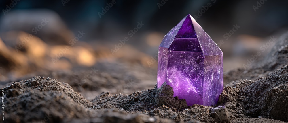Obraz premium Purple Amethyst Crystal Point Emerging from Earthy Ground