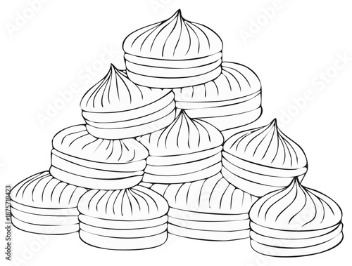 Pyramid stack of sweet meringue cookies black and white line art illustration for coloring