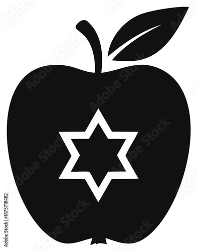 Black and White Apple Icon with Star of David Symbol for Rosh Hashanah