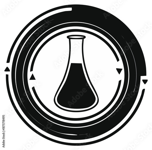 Science Icon of Erlenmeyer Flask with Liquid and a Circular Frame Concept for Chemistry Research and Experiment in Black and White